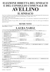 Il manifesto della proclamazione degli eletti al consiglio comunale di Avellino