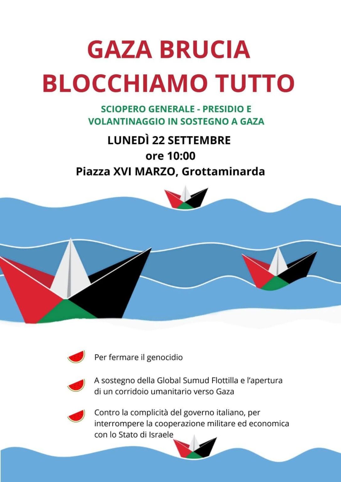 Lunedì sciopero generale per Gaza: presidio e volantinaggio a Grottaminarda. Protagonisti il circolo Arci e le associazioni