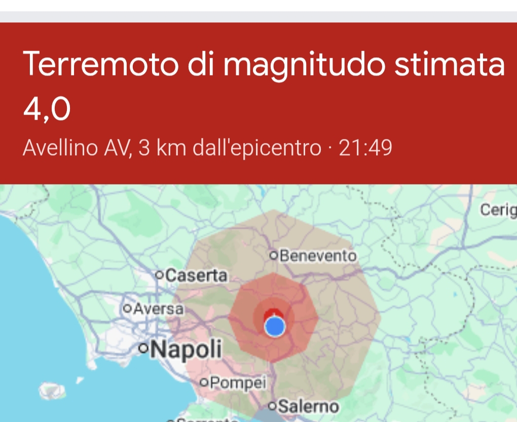 Terremoto in Irpinia, scossa di magnitudo 4.0. Gente in strada e paura. Lunedi scuole chiuse