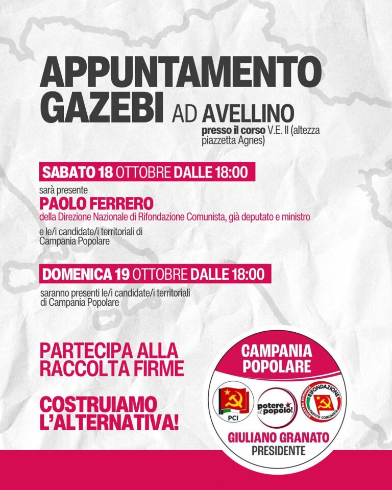 Avellino, Rifondazione comunista: “Sabato e domenica raccolta firme per una vera alternativa popolare” rifondazione comunista gazebo locandina