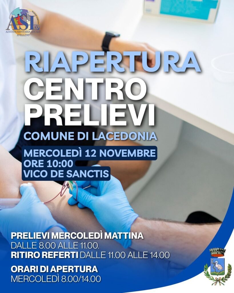 Riapre il Centro Prelievi di Lacedonia, il sindaco Di Conza: un passo concreto verso il potenziamento della sanità di prossimità