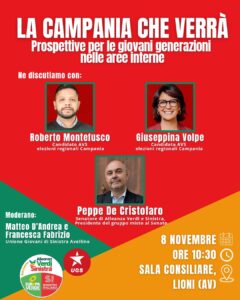 Regionali Campania, a Lioni c’è Sinistra Italiana: “Le giovani generazioni delle aree interne” Sinistra Italiana locandina Lioni Avs