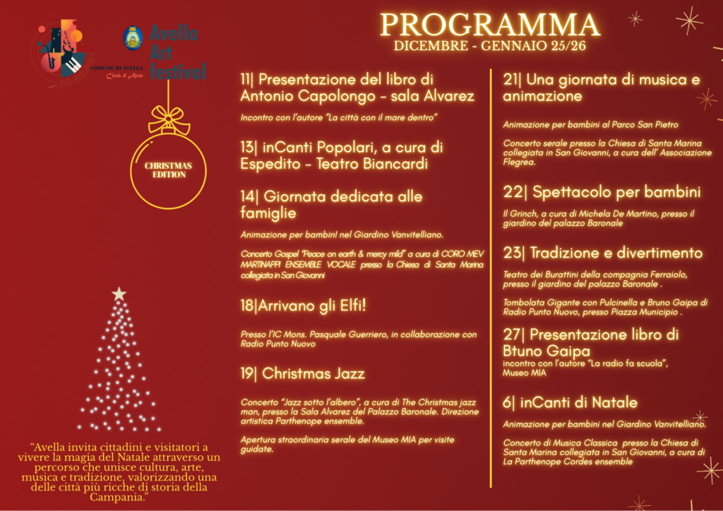 Ad Avella “il Natale è per tutti”: il Comune stila il programma degli eventi, percorso tra i luoghi simbolo della città Avella Natale 2025 locandina