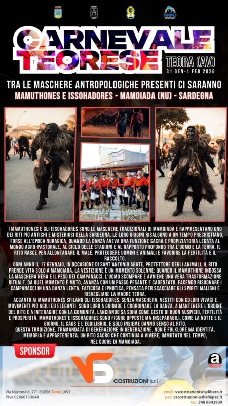 Al via il Carnevale a Teora, tra Squacqualacchiun e tomacelle. E quest’anno dalla Sardegna arrivano i Mamuthones