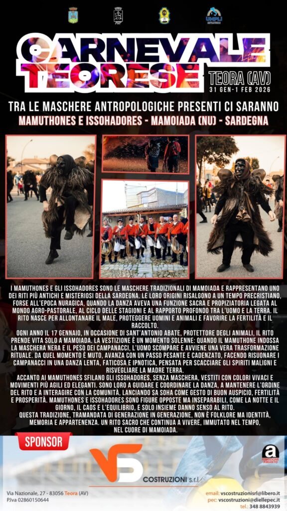Al via il Carnevale a Teora, tra Squacqualacchiun e tomacelle. E quest’anno dalla Sardegna arrivano i Mamuthones