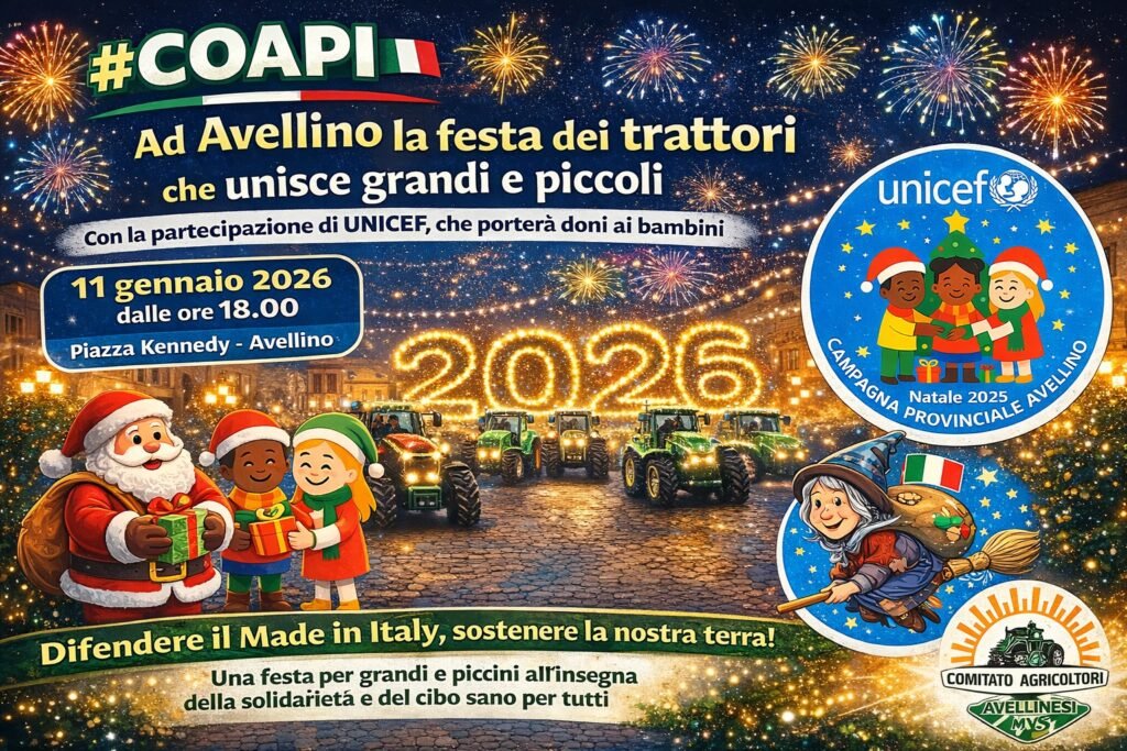 Domenica sera ad Avellino la festa dei trattori: in piazza Libertà i regali dell’Unicef ai bambini Coapi e Unicef locandina evento 10 gen 2026