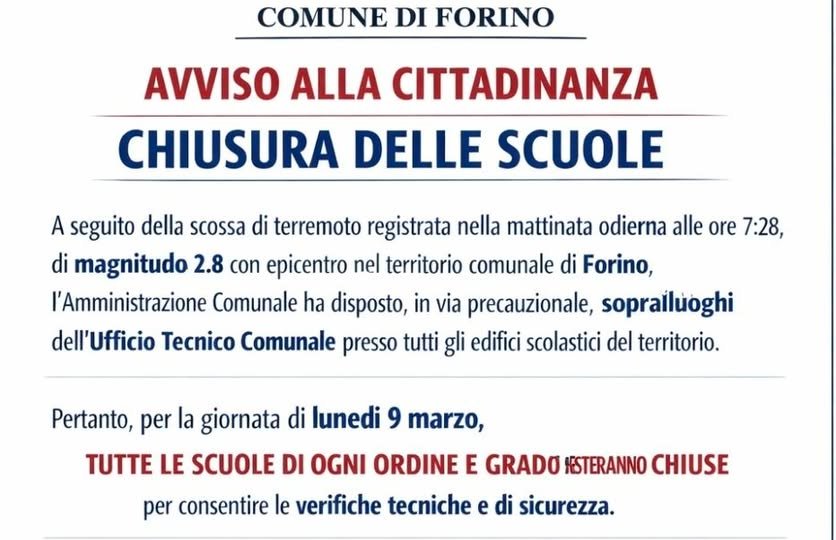 Forino terremoto avviso scuole chiuse