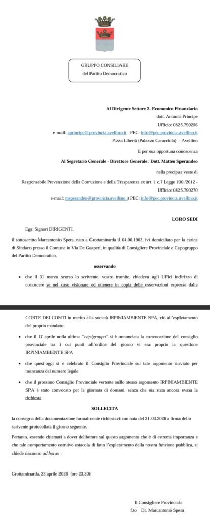 Irpiniambiente lettera sollecito sindaco Spera