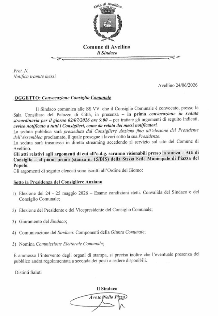 Avellino, convocazione primo consiglio comunale